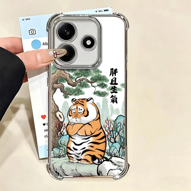 Cartoon Fat Tiger Funny Plating Phone Case For Xiaomi Redmi Note 14 15 Pro Plus 13 12 11 11S 11T 10 9S 9 5G Anti-Fall Airabag Co