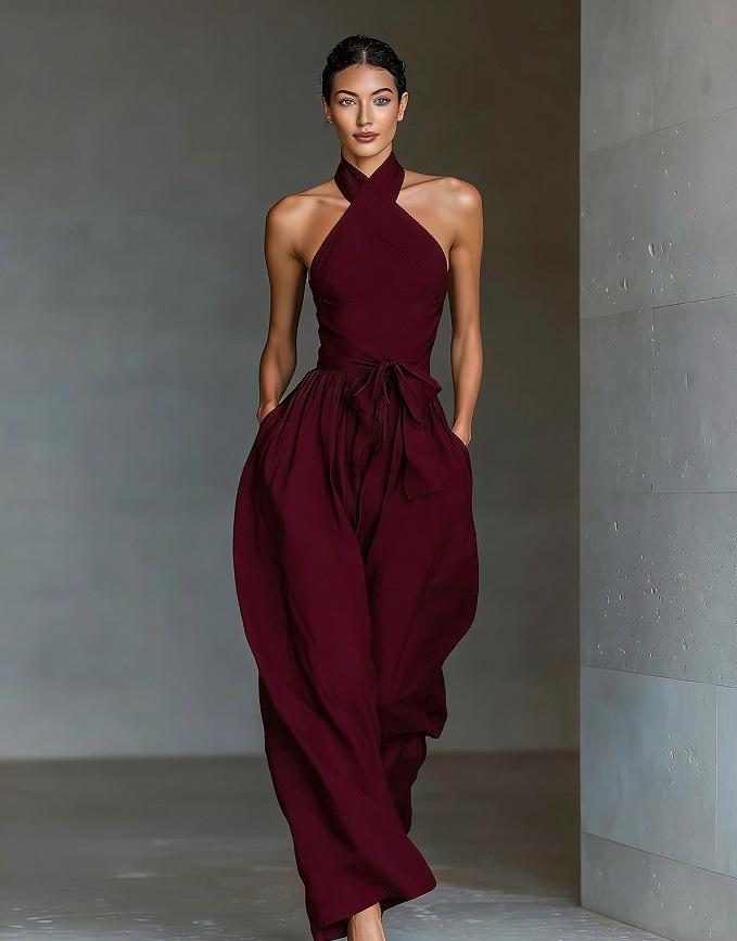 

2026 European Women s Linen Lace-up Jumpsuit with Cross Strap and Wide Legs Double Extra Large вина червоного кольору