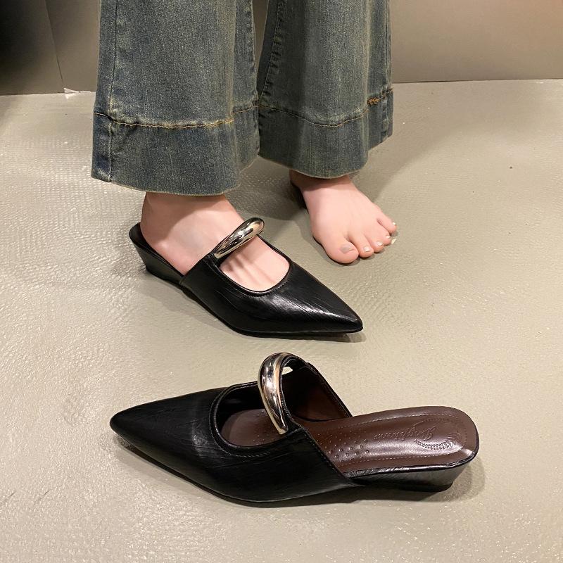 

2025 весна новые туфли-лодочки металлический толстый каблук крутые шлепанцы женственность сумка голова полушлепанцы 35 чёрный