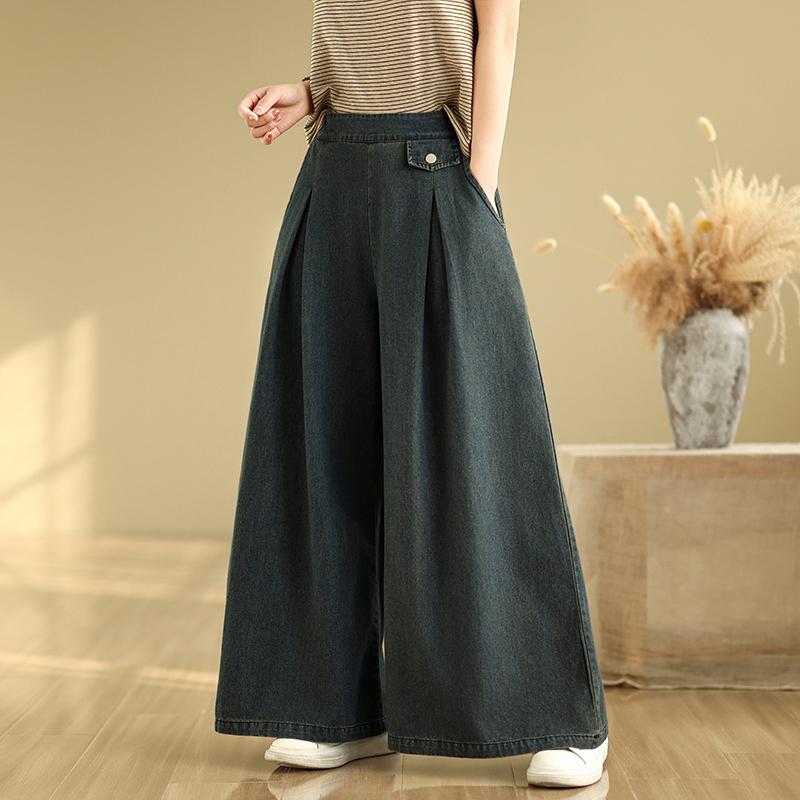 

Dimanaf 2025 Весна Женские джинсы Длинные шаровары Высокая талия Эластичные Базовые Широкие Брюки Повседневные Синие Брюки 2XL чёрный