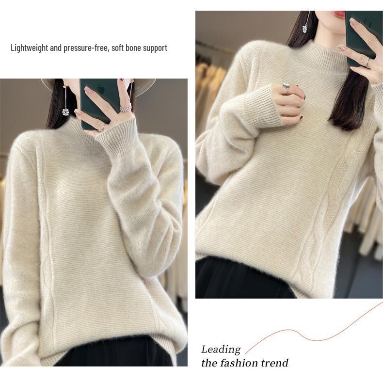 Women's Cable Knit Wool Sweater - Half-High Neck, Loose Fit, Thickened Seven-Stitch Base Layer for Autumn and Winter