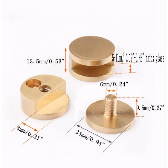 Ackron Mirror Brackets, 4Pcs Aluminum Wall Mount, Gold, 5-11mm Thick Glass, Round Shape