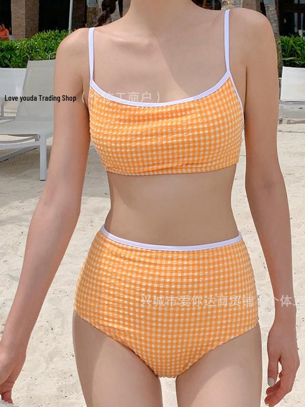 2026 Retro Korean Plaid Color Block High Waist Bikini Swimsuit