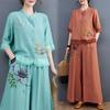 Completo Estivo da Donna Personalità Stile Etnico Madre Ricamo Cinese Top + Pantaloni Taglia Forte Largo Completo Due Pezzi