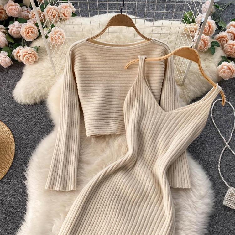 Women Autumn Winter Knit Set Slim Solid Color Two Piece All Match Crop Sweater Hip Dress For Ladies