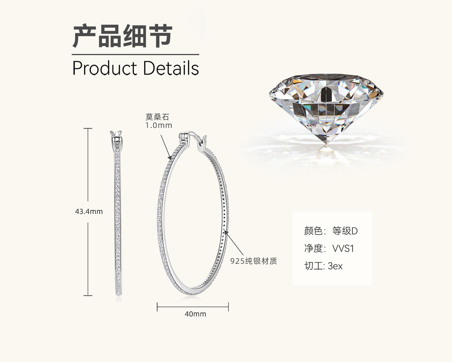 

Silvere Glam European And American New Ins-style Moissanite Earrings, Hip-hop Style Large Earrings, Sterling Silver Earrings 0.38ct+0.38ct белый