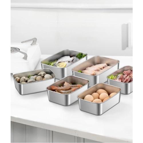 CHFNJJ 3-delars förvaringsbehållarset i rostfritt stål med lock, djup rostfri bricka, köksförvaringsbehållare för mat, kylsäkra kokkärl
