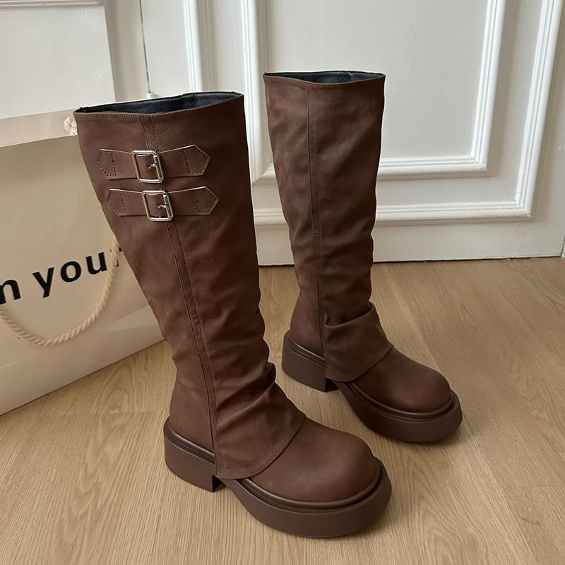 Winter Woman Knigth Knee-High Boots Street Style Thick Sole Belt Buckle Slip On Shoes Vintage Long Booties  De Muje