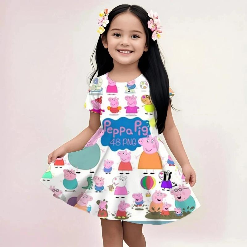 Summer Girls Cute Dress Peppa Pig Cartoon Print Casual Fashion Beach Sundress Soft Lightweight Breathable Dress