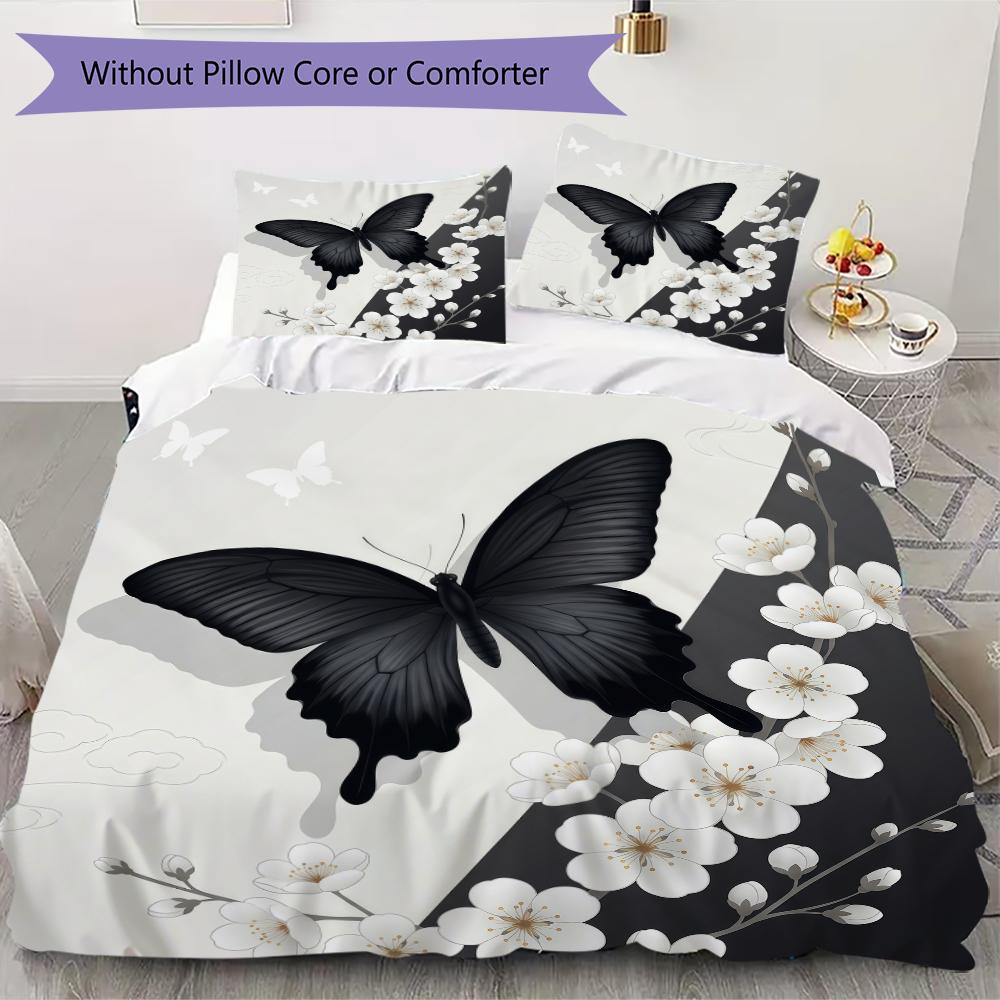 Black Butterfly Pattern Bedding Uilt Set Uilt Cover Pillowcase Home Decoration Birthday Gift (1 * Duvet Cover + 2 * Pillowcase Without Core)