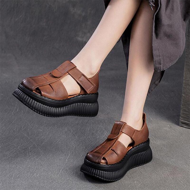 Fashion GKTINOO Woman Sandals Summer Wedge Sandals Casual Cutout Genuine Leather Women Shoes Female Ladies Platform Retro Sandalias