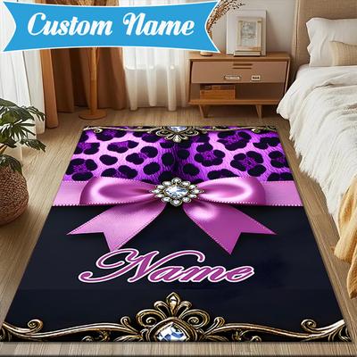 Custom Name Leopard Print Bow Rug for Living Room, Game Rooms, Office, Bedroom, Floor Mat Playful Design, Fan Gifts Christmas Decor