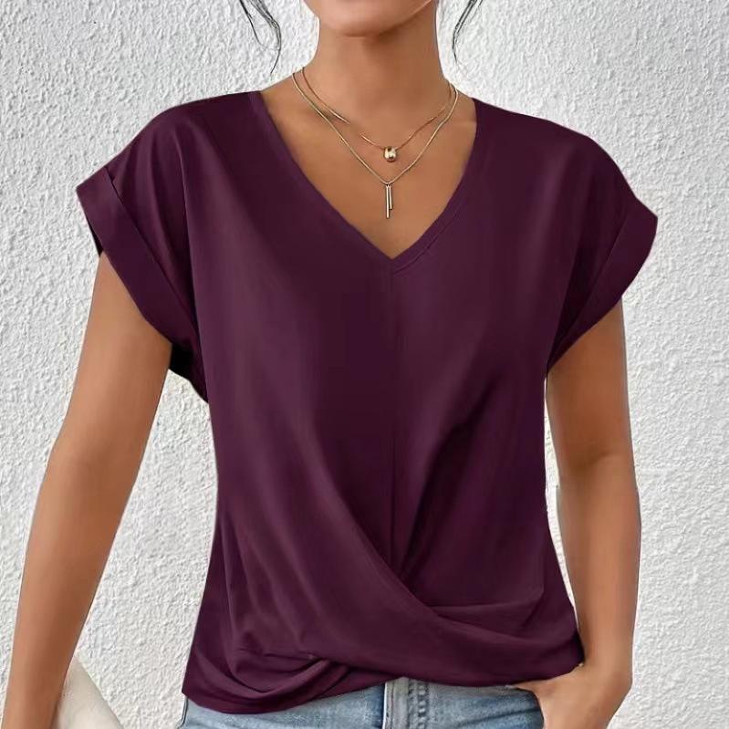 Women's Solid Color V-neck T-shirt Elegant Short-sleeved Blouse Spring and Summer Casual Women's Clothing