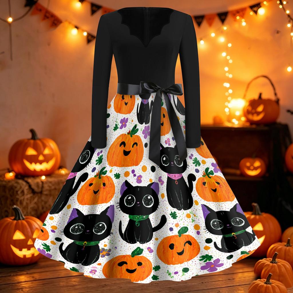 Damen Vintage Halloween Print V-Ausschnitt Kleid - Lässiges Langarm Retro Party Outfit