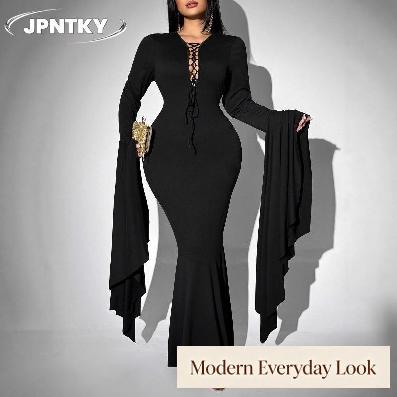 JPNTKY Fashion Summer Spring Solid Color Print Long Sleeve V-Neck Casual Dresses
