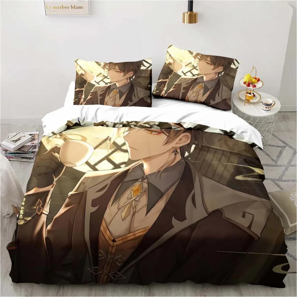Cartoon Anime Genshin Impact Game Comfortable Duvet Quilt Cover Pillowcase Bedding Set Children Bedroom Decoration Home Textile