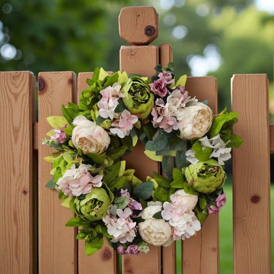 40CM Artificial Peony Wreath Indoor Outdoor Front Door Wall Hanging Fake Flower Garland with Green Leaves Wedding Party Home Decoration