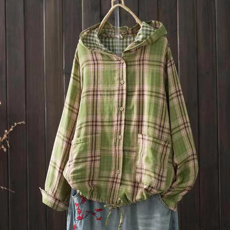 Women's Hooded Double-layer Cotton Yarn Plaid Shirt   Literary Retro Casual Cardigan Top Jacket