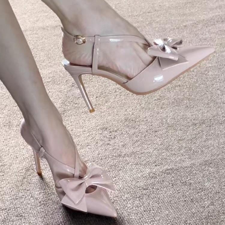

Spring New Stiletto Pointed Toe Bow High Heels Women s Bright Leather Temperament Back Empty Stiletto Sandals 34
