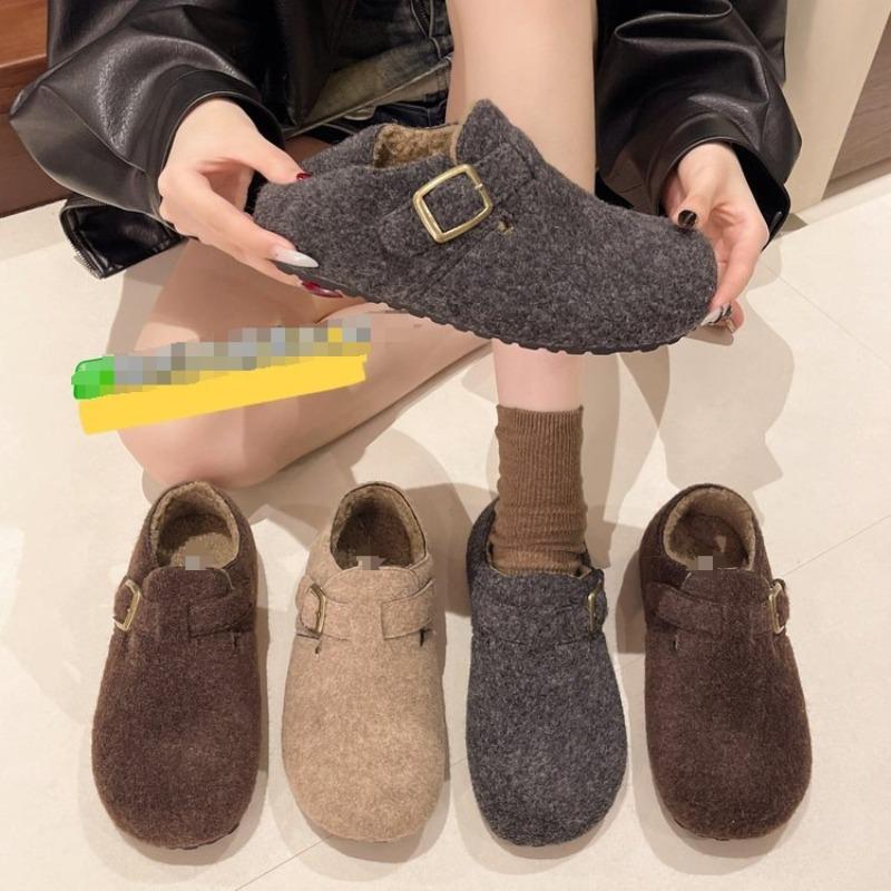 Retro Round Head Felt Fleece Women's Fleece Autumn and Winter Pedal Thermal Cotton Fluff Shoes New Cotton Shoes Women