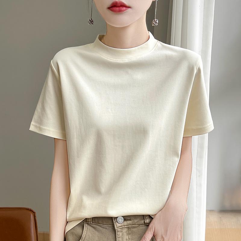 Spring and Autumn Semi-high-necked Cotton Short-sleeved Women's Stand-up T-shirt Joker Loose Sleeve Top Slim Bottom