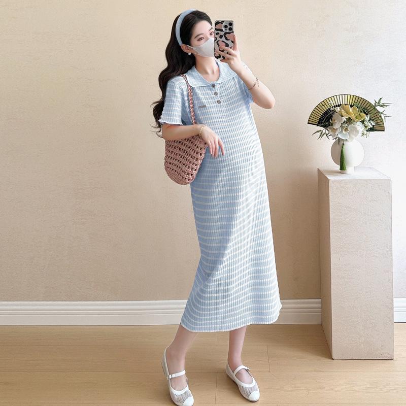 

New Summer Ice Silk Maternity Polo Dress - Short-Sleeved, Contrast Color, Diamond Pattern, Slimming Design XL синій