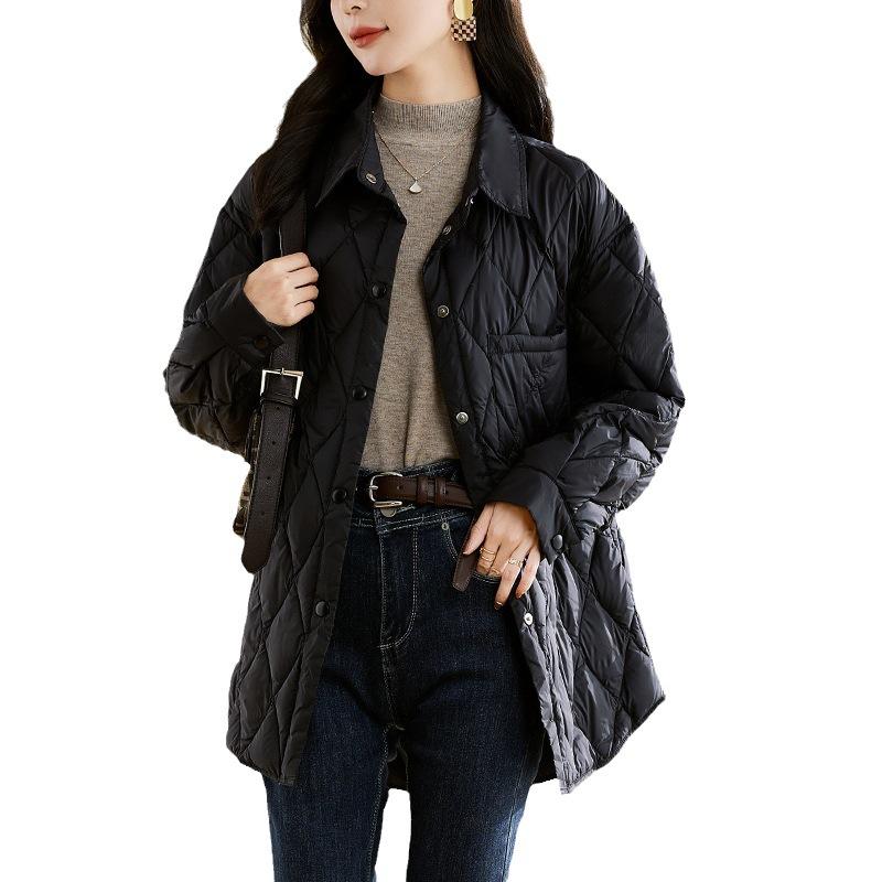 Light Down Jacket Women's Medium and Long Autumn and Winter Rhombus Shirt Collar New Autumn and Winter Fashion Coat