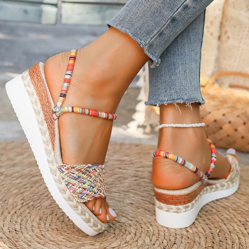 Fashion Summer Beach Vocation Bohemian Sandals Woman Wedge Heels Colorful Woven Platform Slippers Women Plus Size 43 Sandalias De Mujer