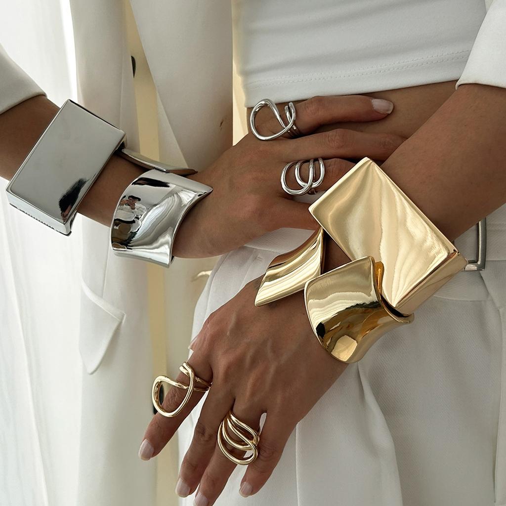 Hip Hop Exaggerated Wide Cuff Bangle/Finger Ring Stylish Geometric Jewelry Handmade Accessories for Women and Men