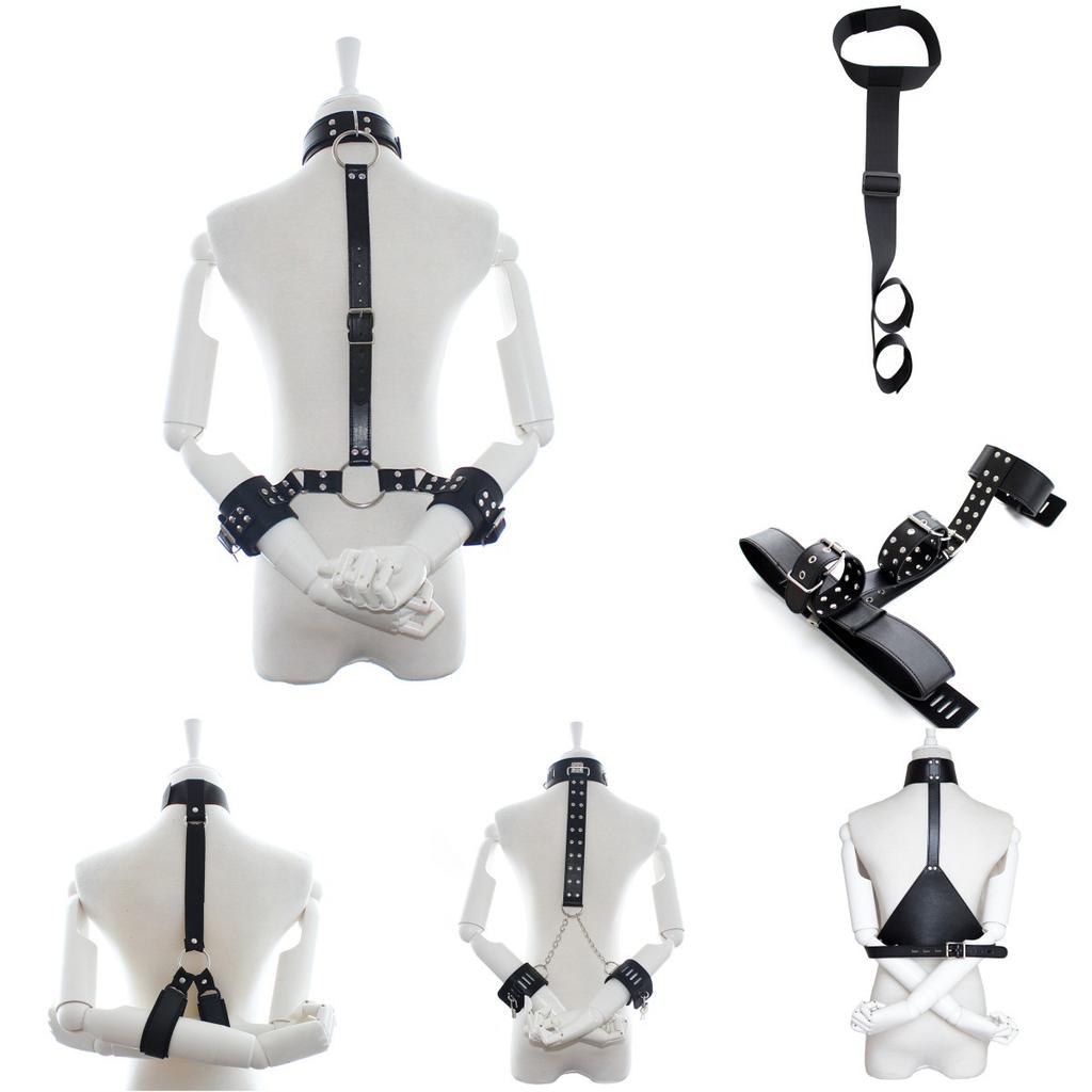 BDSM PU Leather Neck To Wrist Restraint Set Back Bind Bondage Harness Choker Collar with Handcuffs Slave Role Play Adult Sex Toy