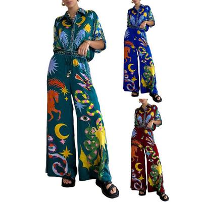 Cartoon Print Casual Outfit Lapel Long Sleeve Single-breasted Shirt High Waist Wide Leg Long Pants