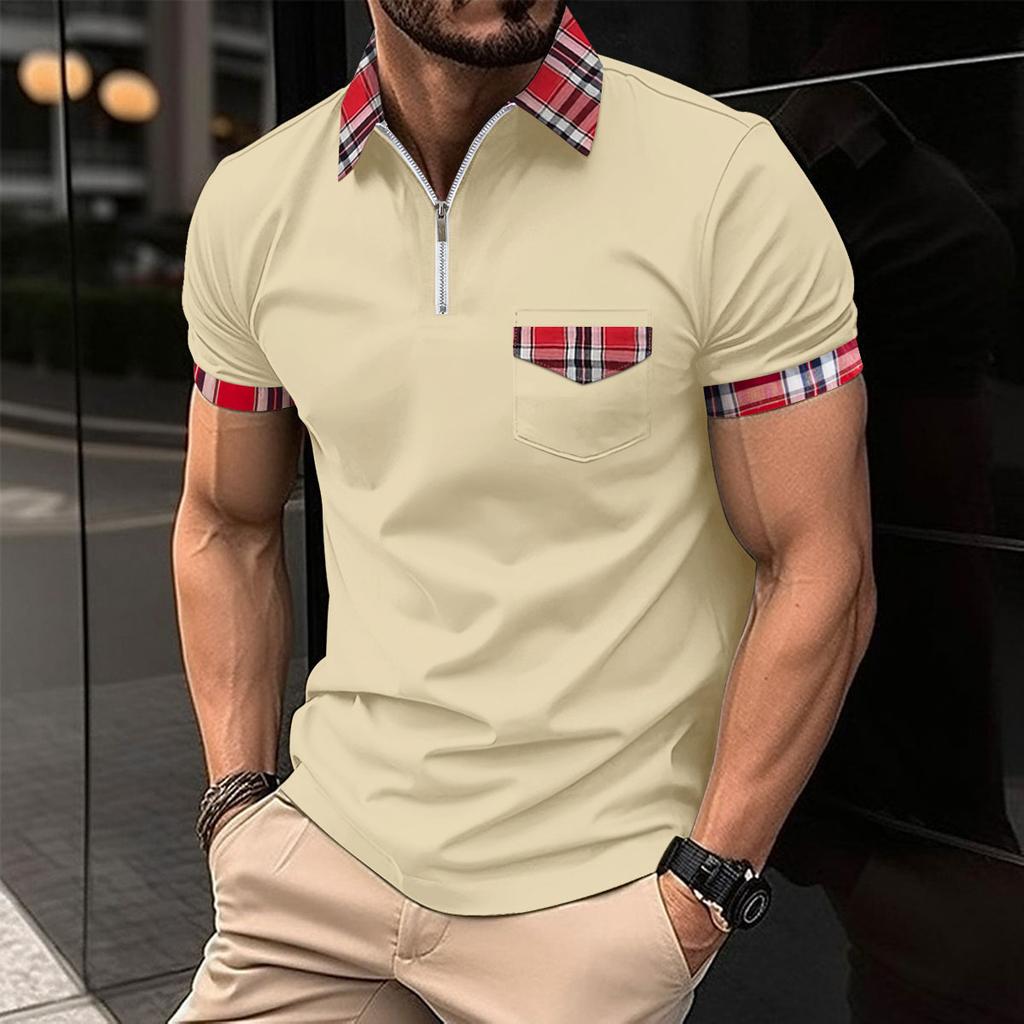 Neues Herren einfarbiges Collage-Taschen-Revers-Reißverschluss-Alltags-Freizeit-Kurzarm-Poloshirt