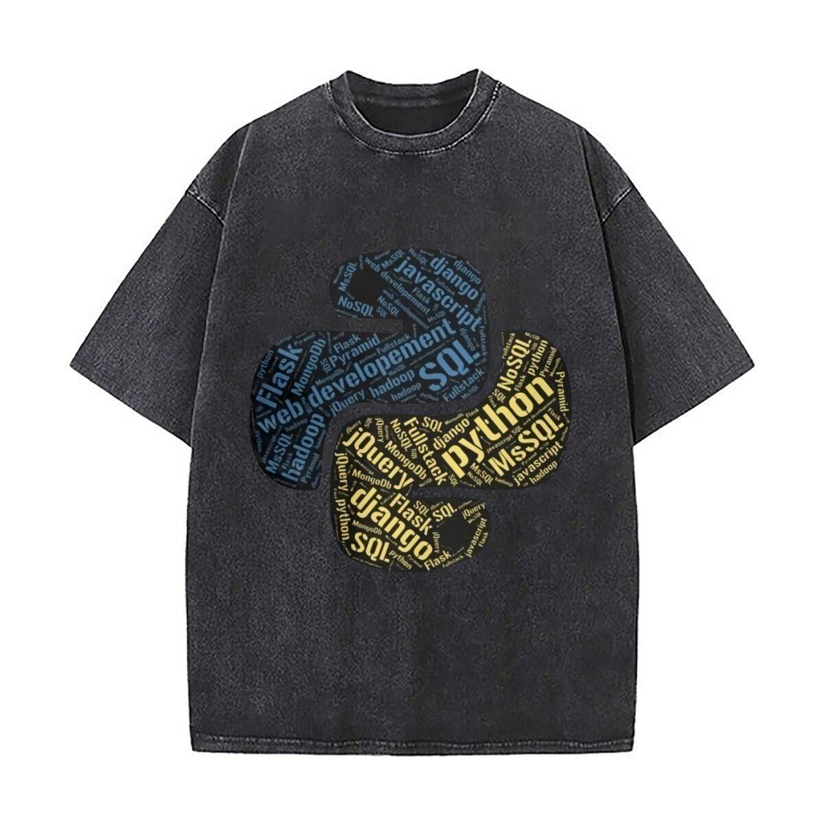 Python Code Programming Art Casual Washed Distressed T Shirt Vintage Minimal Short Sleeve Top S