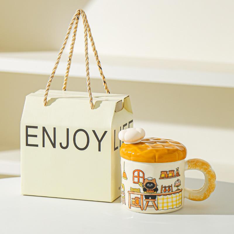 Korean Creative Bread Mug Cartoon Cat Ceramic Cup with Lid Household Water Cup Birthday Gift Souvenir