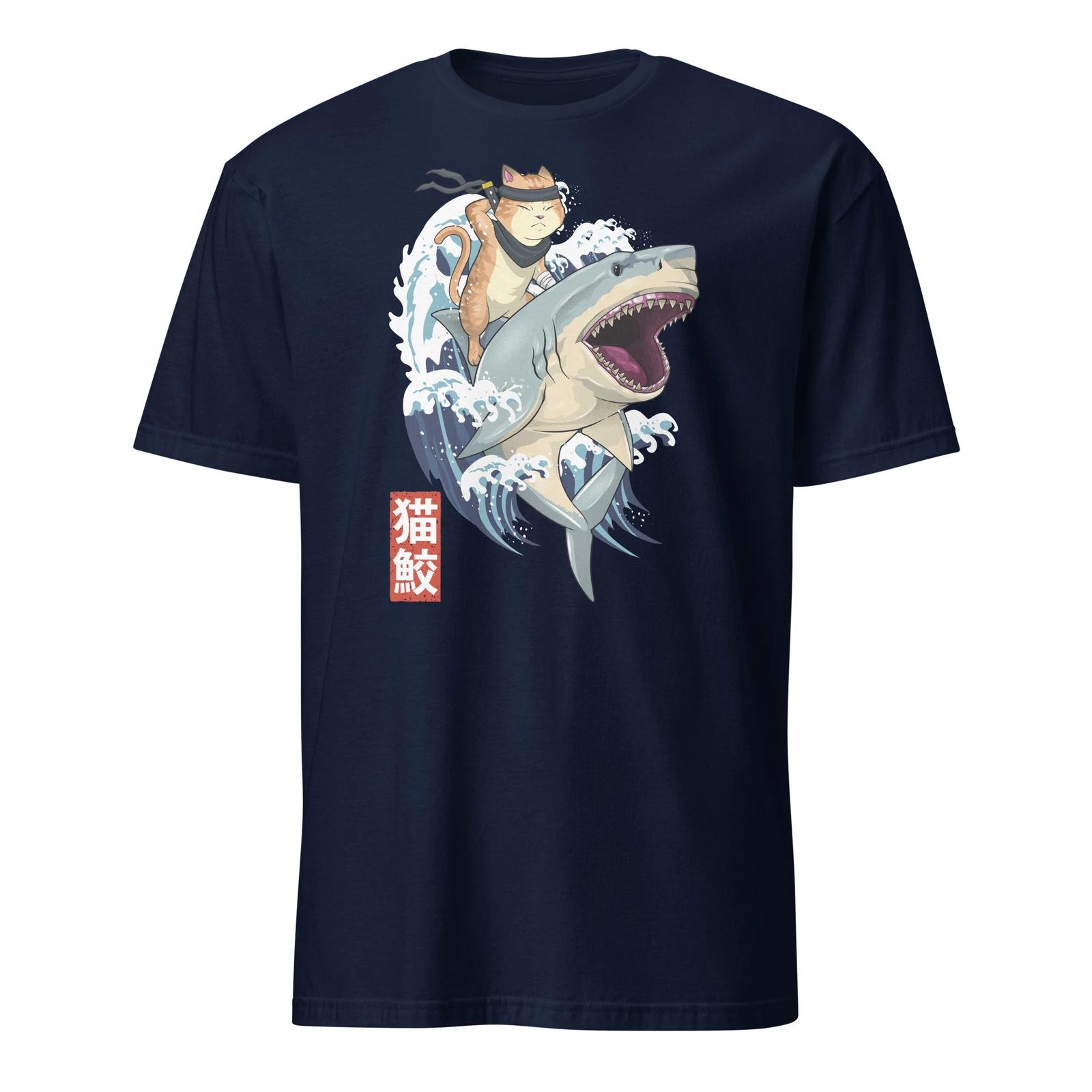 Samurai Cat Shirt Japanese Samurai Ninja Cat Riding Shark T-Shirt Size S-3XL Tee XL