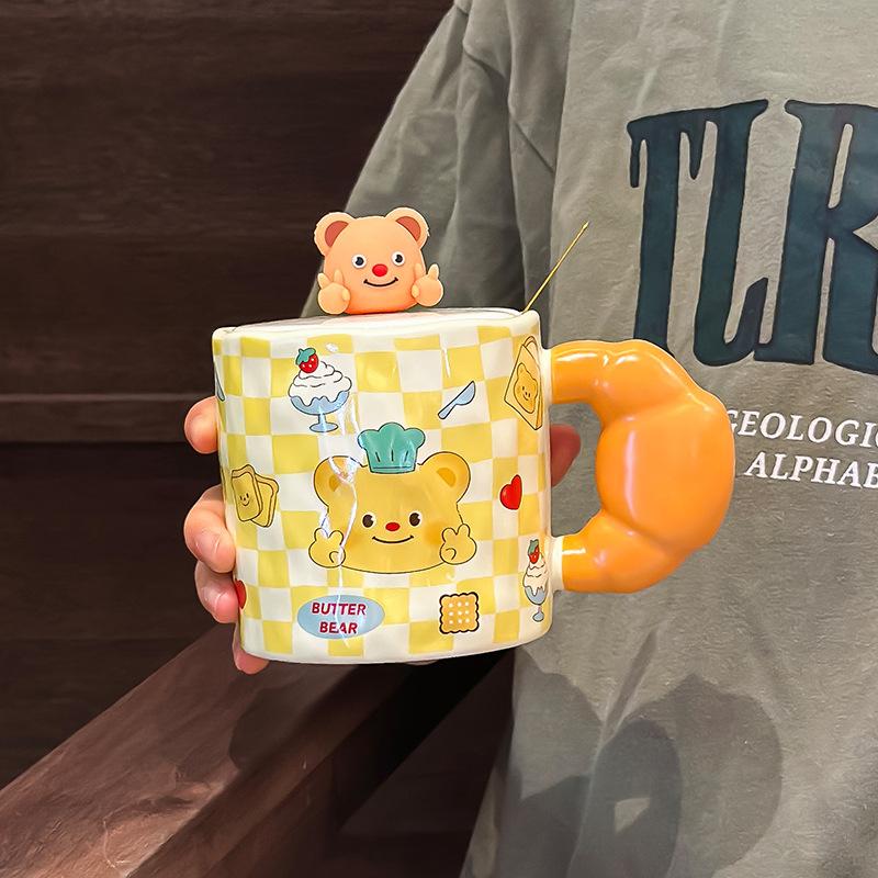 Söt Liten Björn Mugg med Lock Sked Högt Seende Flicka Sovsal Dricksvattenkopp Keramisk Kontorskaffekopp
