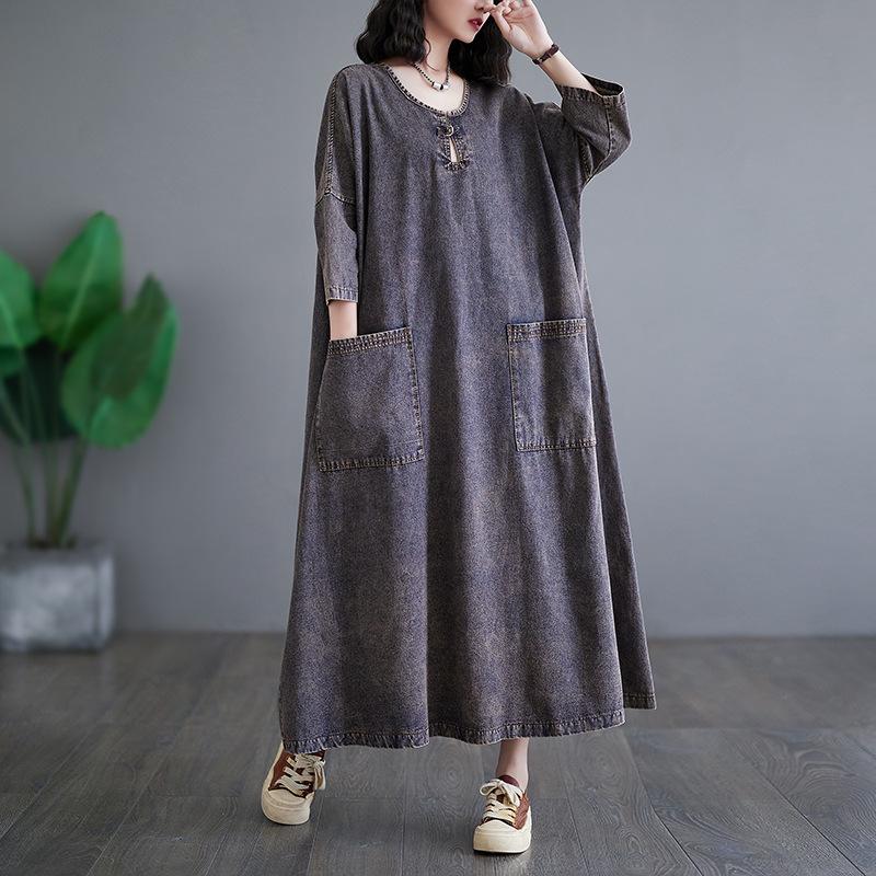 Vintage Style Denim Long Dress Loose Casual Fashionable Mid Long Women's Thin Dress Autumn Street Wear Women's Dress
