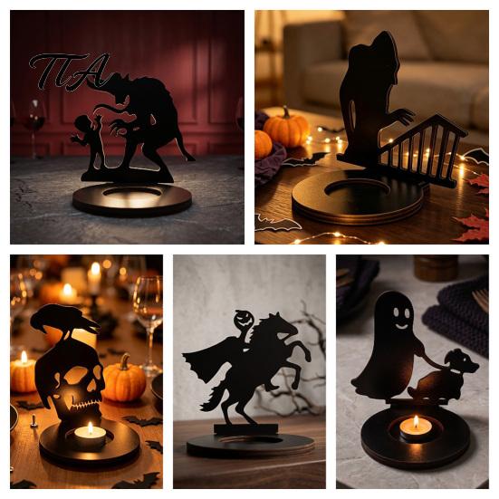 Festive Tabletop Atmosphere Light Halloween Shadow Candle Holder, Spooky Ghost Skull Candlestick Decoration, Stable Wooden Tealight Holder Vintage Tea