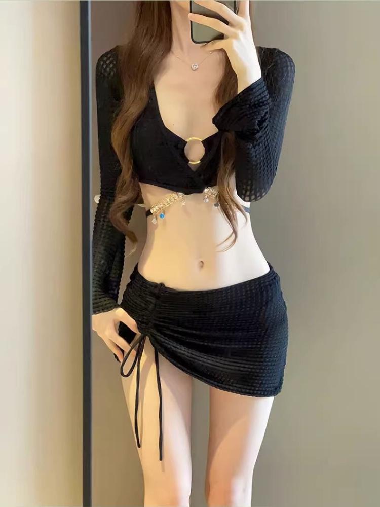 4Pcs Swimsuit Women Fashion Solid Padded Bikinis Sets Bathing Suit Sexy Beach Party Cover Up Long Sleeve Crop Tops and Wrap Skirt