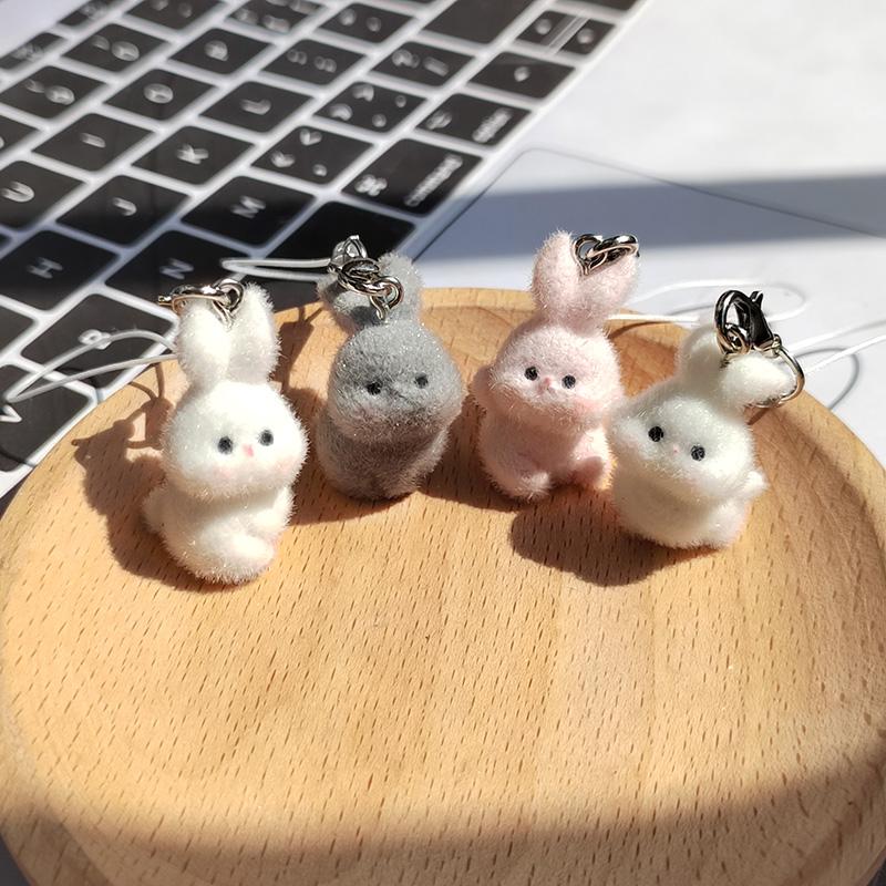 Resin Fluffy Cute Abashed Rabbit Keychains Phone Lanyard For Friend Gift Lovely Bunny Animal Pet Pendant Bag Earphone Case Chain