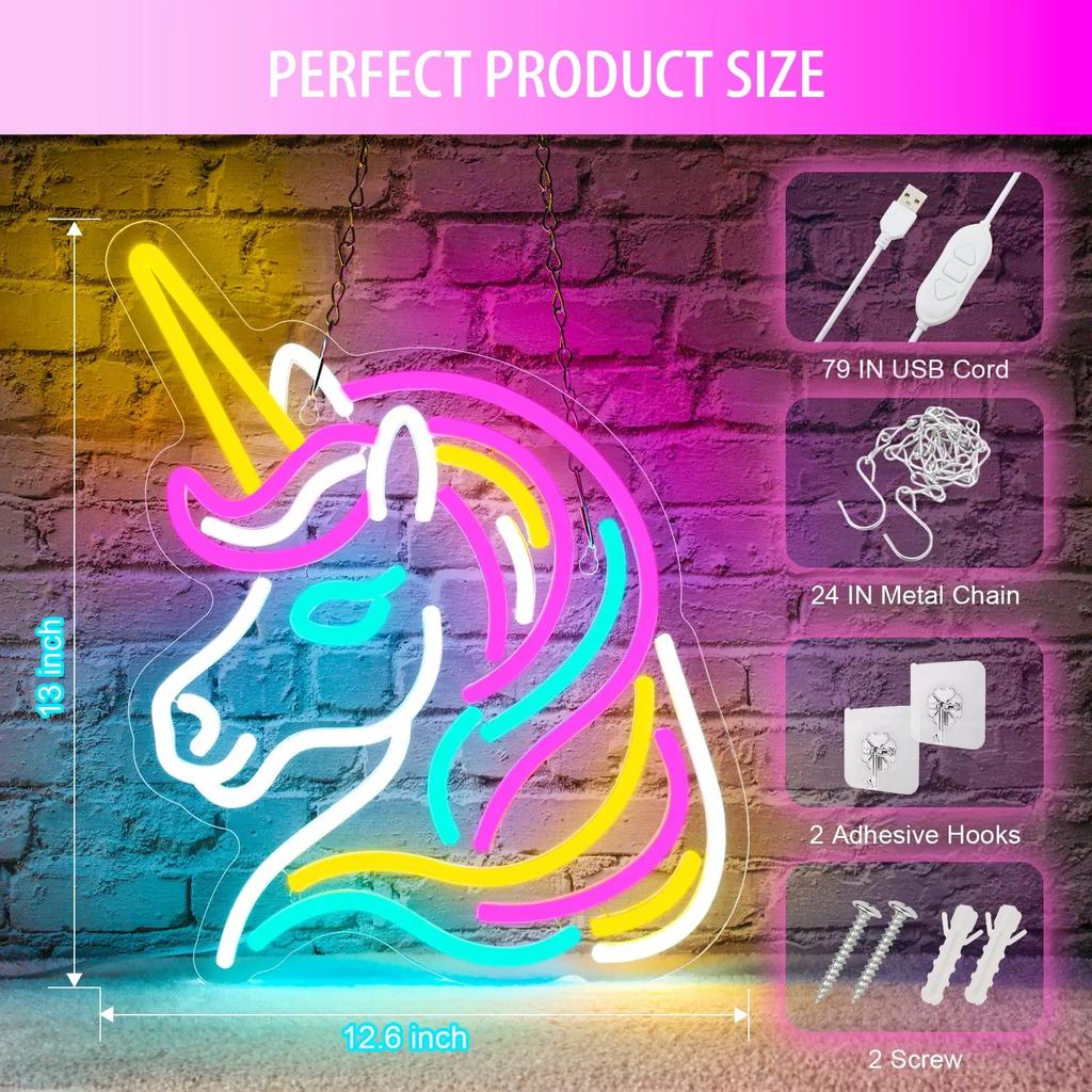 Unicorn Neon Sign for Wall Decor, Dimmable Colorful Unicorn Neon Lights for Girls Room, Unicorn Led Signs for Bedroom Kids Room