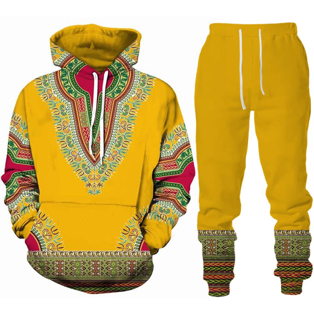 Afrikanischer Dashiki-Hoodie/Anzug für Herren, lässig, 3D-gedruckt, Ethno-Stil, Sweatshirt, Hose, Set für Herren/Damen, Folk-Custom Streetwear-Trainingsanzug