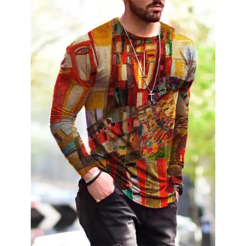 Módní vícebarevné lakované tričko s 3D potiskem Podzimní trend Street Prodyšné Harajuku Ležérní Pánská trička s dlouhým rukávem