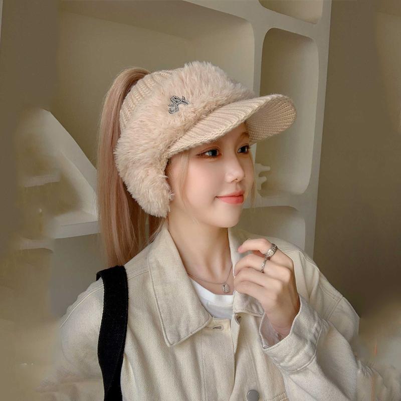 New Autumn Winter Hats for Women Warm Rabbit Blend Knitted Hat Outdoor Sport Empty Top Earflaps Ponytail Hat Baseball Caps