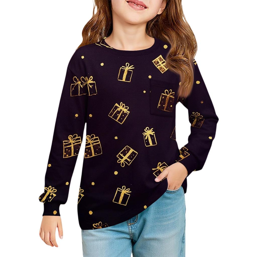 Christmas Day Girls' Long Sleeve Blouse - Round Neck Soft Waist Tunic