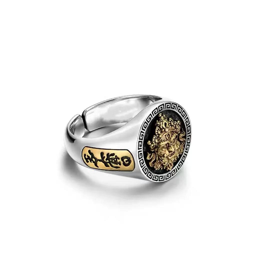 Elegant Two-Tone Yellow Jambhala Men's Ring: Retro High-End National Style