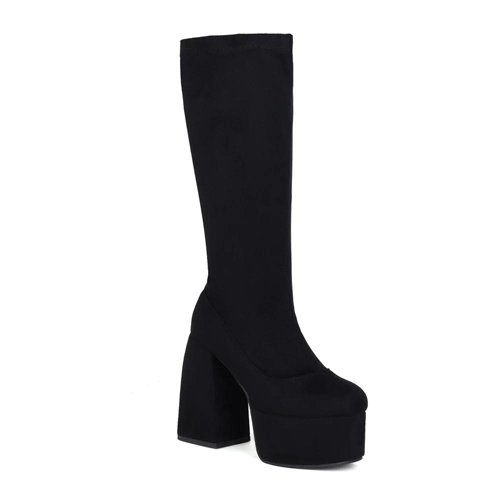 Neue Super Hohe Dicke Absatz Leopardenmuster Kurzes Plüschfutter Damen Kniehohe Stiefel Hohe Wasserdichte Plateau Flock Reißverschluss Stiefel