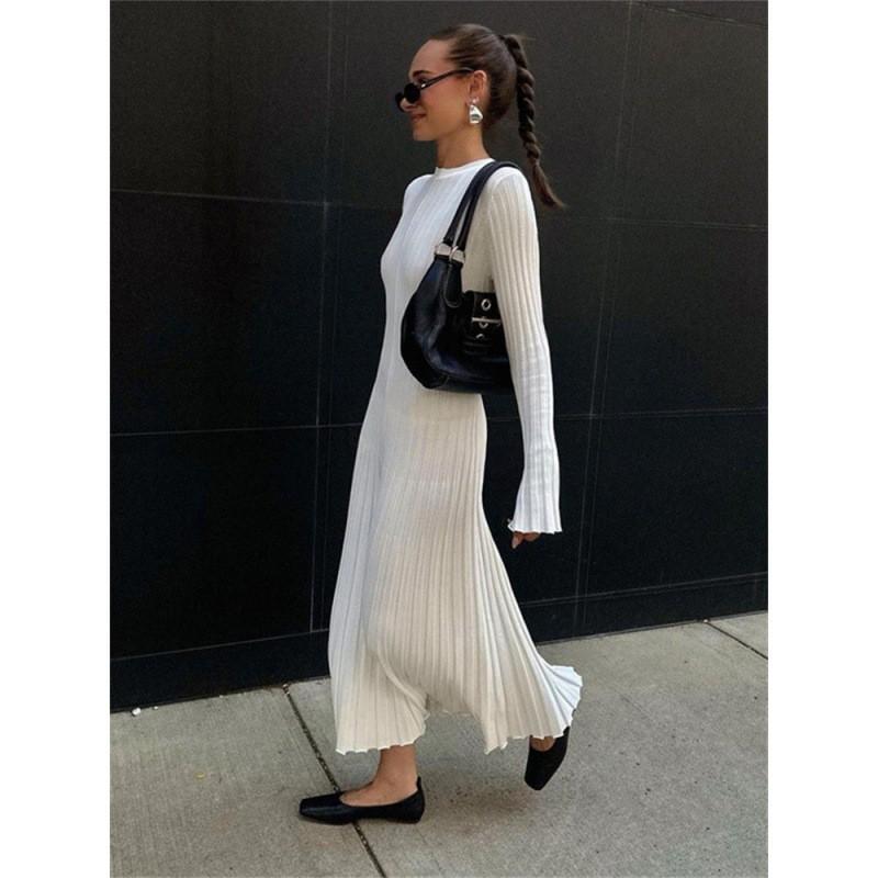 Long Sleeve Round Neck Ribbed Knit Bodycon Midi Dress High Waist Solid Color Sweater Women