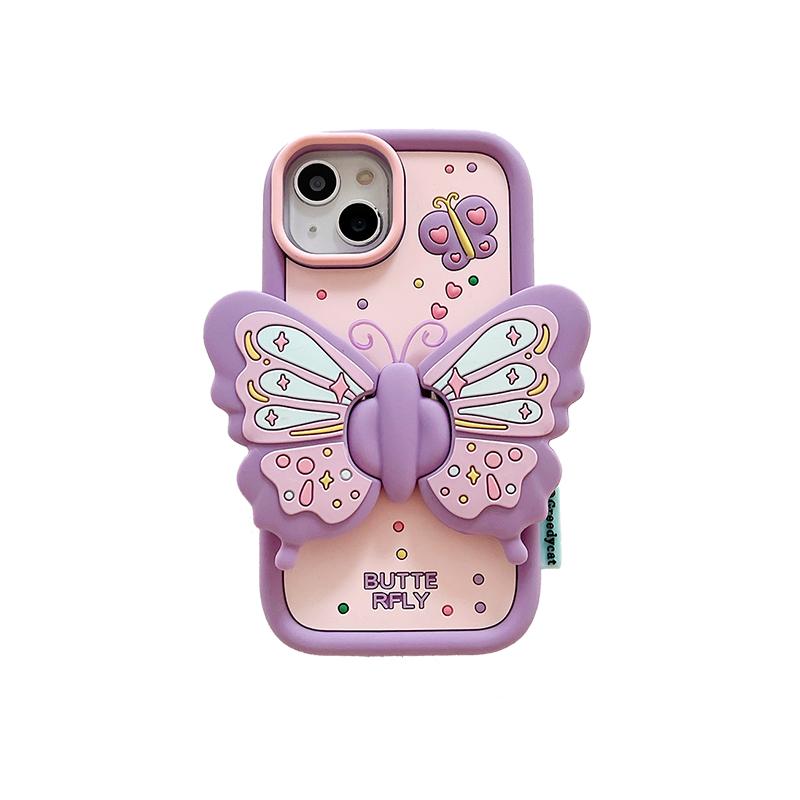 Ins Fashion Lovely Purple Butterfly Holder Stand Case For iPhone 17 15 14 13 16 Pro Max Soft Silicone Phone Cover