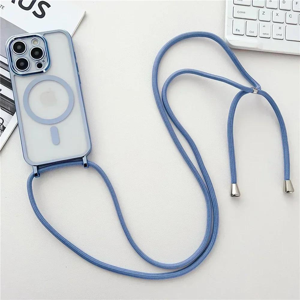 Crossboby Lanyard Plating Clear Phone Case For iPhone 16E 16 15 14 13 12 Pro Max For Magsafe Magnetic Necklace Cord Rope Cover